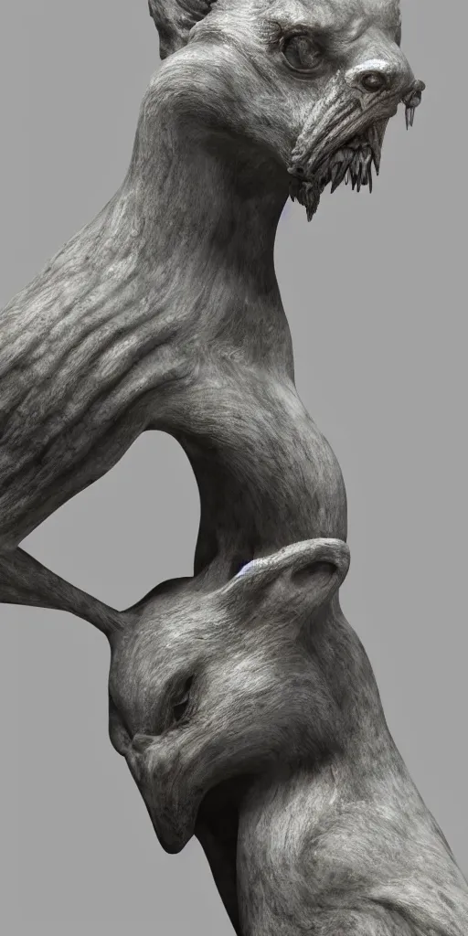 Image similar to weird marble animal statue close up in a dark room, creepy and eerie athmosphere, mist, godrays, photorealistic, highly detailed, unreal engine