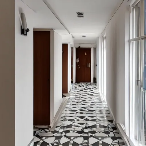 Prompt: photo of randomly connected corridors, stairs and rooms. ceramic white tiles on all the walls.