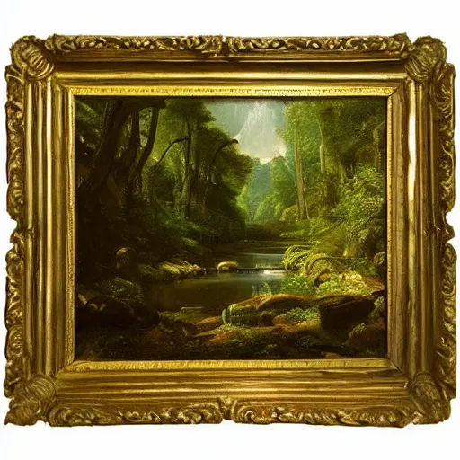 Image similar to There is a stream flowing through a peaceful forest. The sun shines through the trees, dappling the ground with light. The stream babbles gently. An oil painting by Thomas Cole