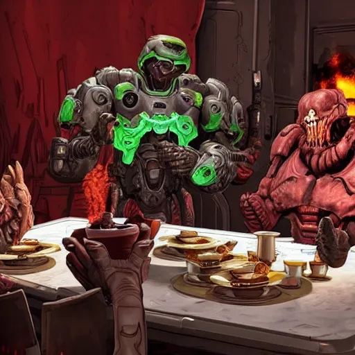 Prompt: doom slayer having a tea party with an arch - vile
