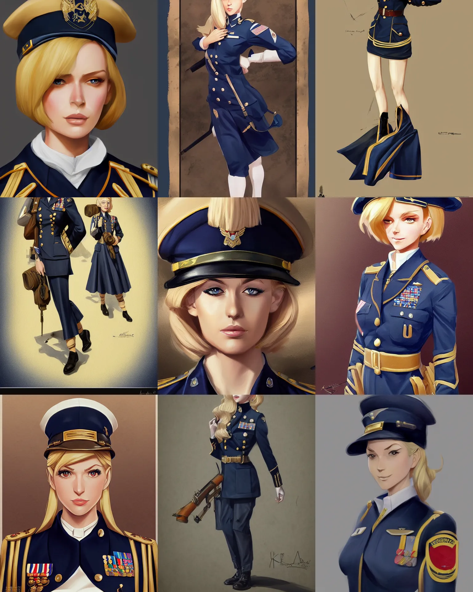 Prompt: A blonde woman in a navy blue military dress uniform, visualartzi, dieselpunk, anime, concept art by Karla Ortiz, James Paick, Charlie Bowater, Krenz Cushart, highly detailed, ultra detailed, ultra realistic, trending on artstation, cgstudio