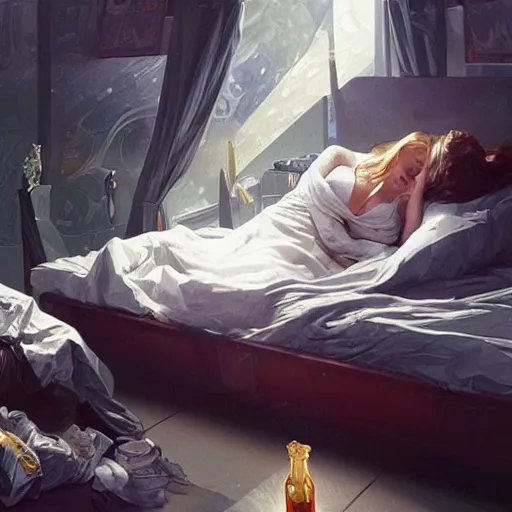 Image similar to young man in tinfoil hat and a girl sleeping in bed close to guinness bottles highly detailed, digital painting, artstation, concept art, smooth, sharp focus, illustration, art by artgerm and greg rutkowski and alphonse mucha