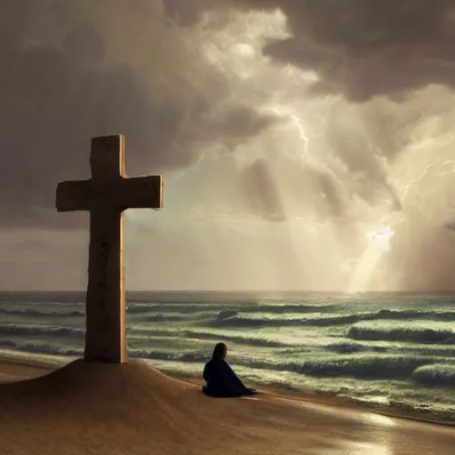 Image similar to a highly detailed matte painting of a large cross standing on the beach as a storm comes in with the tide, woman sitting in the sand watching the ocean, epic fantasy, god rays, rocky beach, ultrawide lense, aerial photography, unreal engine, exquisite detail, 8 k, art by albert bierstadt and greg rutkowski and jeong seon