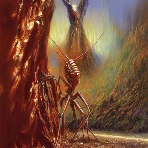 Image similar to antropromorphic stick insect, stick insect standing and talking like a human being, fantasy concept art, painting by Bob Eggleton