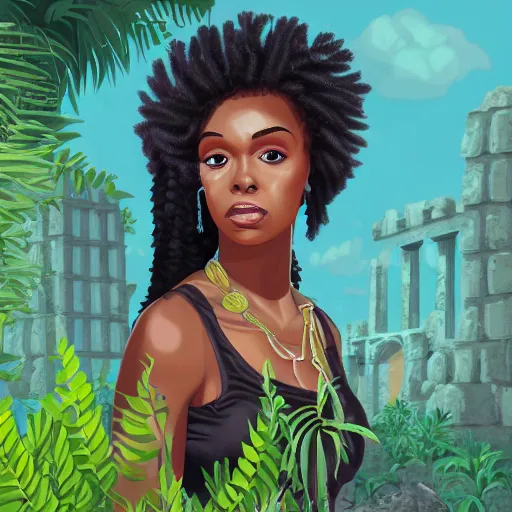 Prompt: a portrait of a black curly woman and ancient ruins with plants,digital art,retrowave art,trending on art station