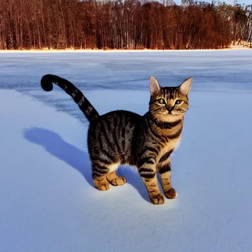 Image similar to a cat standing on the middle of a frozen lake