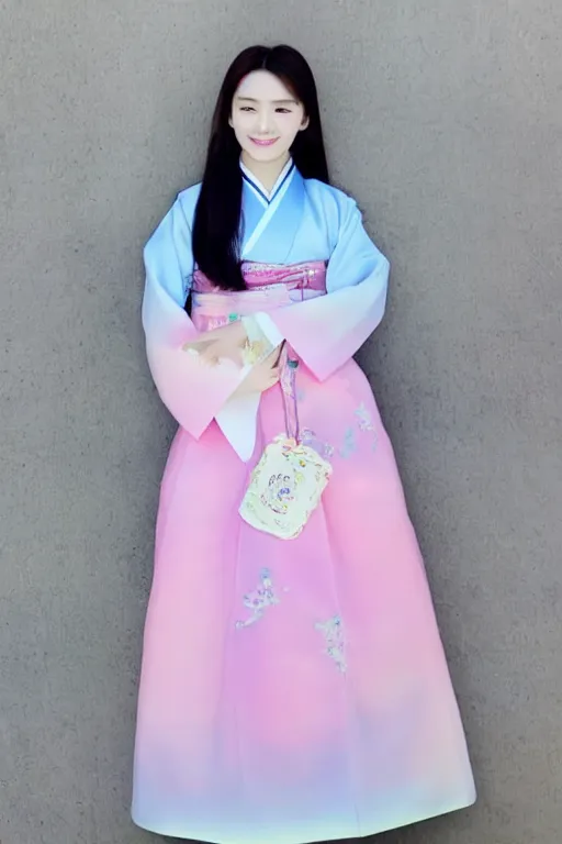 Prompt: pretty korean woman wearing beatiful hanbok, bright pastel colors