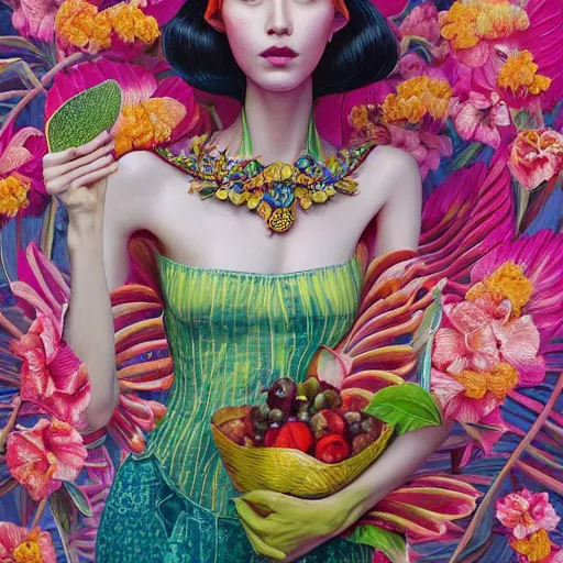 Prompt: pretty model with botanical and bright fruits : : by martine johanna and simon stalenhag and chie yoshii and casey weldon and wlop : : ornate, dynamic, particulate, rich colors, intricate, elegant, highly detailed, vogue, harper's bazaar art, fashion magazine, smooth, sharp focus, 8 k, octane render