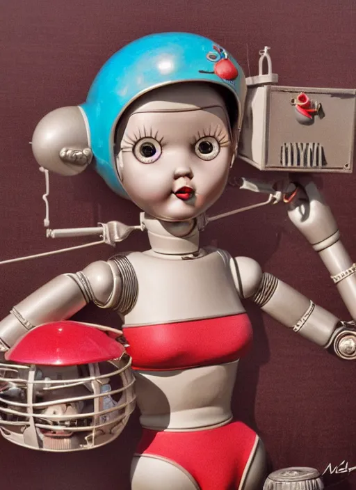 Image similar to highly detailed closeup, face profile portrait of a retro 1 9 5 0 s tin toy girl robot deep sea diver wearing a bikini, unreal engine, nicoletta ceccoli, mark ryden, earl norem, lostfish, global illumination, detailed and intricate environment