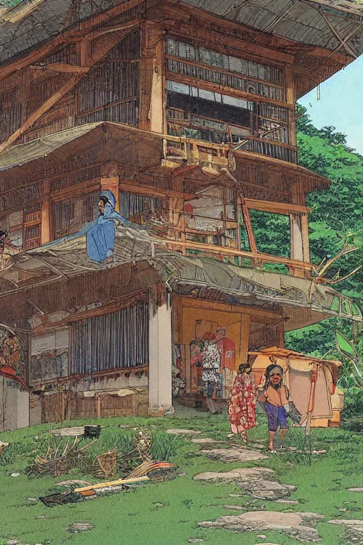 Prompt: beautiful anime illustration of a rural philippines home, by moebius, masamune shirow and katsuhiro otomo
