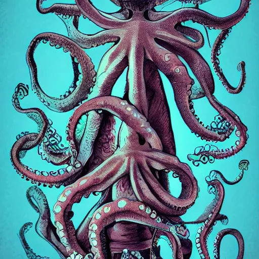 Image similar to a human rib cage filled with octopuses, fantasy illustration