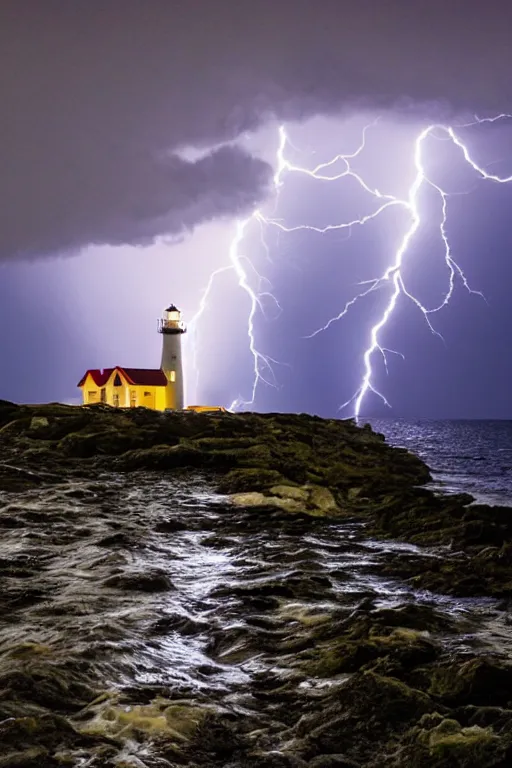 Image similar to photo lighthouse on island, heavy rain, lightning storm, boat lights in distance, night, light shining, XF IQ4, 150MP, 50mm, f/1.4, ISO 200, 1/160s, natural light, Adobe Photoshop, Adobe Lightroom, DxO Photolab, polarizing filter, Sense of Depth, AI enhanced, HDR