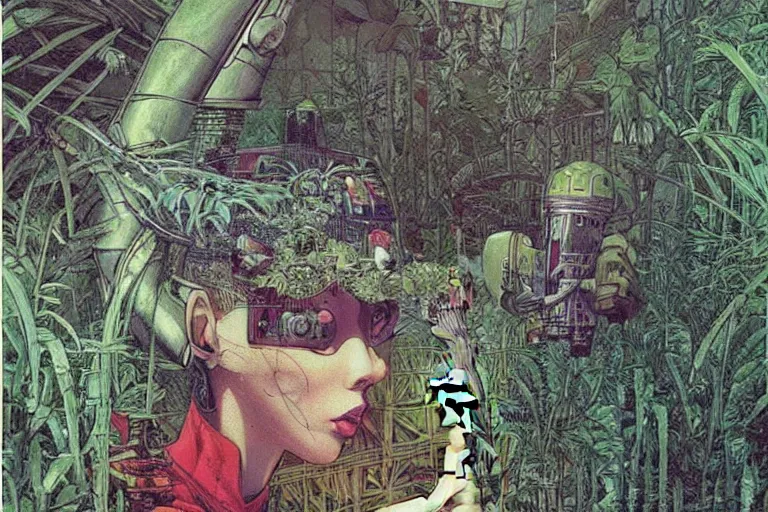 Prompt: gigantic robot - girl head floating in the space, a lot of exotic plants, trees, flowers, oldschool vintage sci - fi flat surreal grainy design, super - detailed, painting by enki bilal and moebius