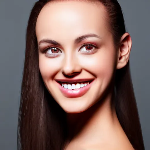 Image similar to forehead visible, beautiful smile with pretty teeth, black eye shadow, realistic natural lighting