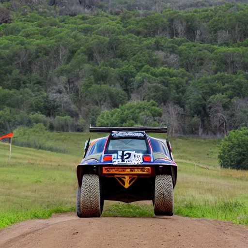 Prompt: spectacular high jump of a classic off road race car over a hill, rear view