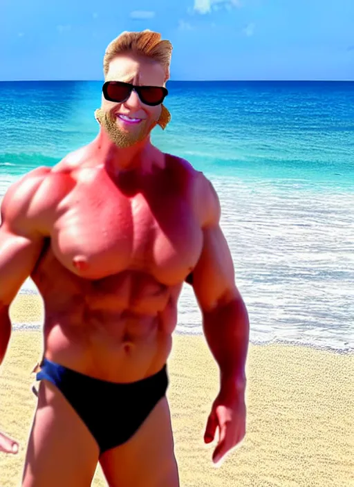 Image similar to professional photo of bart simpsonwith muscular fit body and very very very chad face, on the beach at noonday, blur background, high details, original simpsons cartoon style