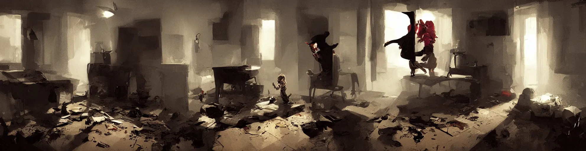 Prompt: a kid entering in a hoarder's room, dark atmosphere. by sergey kolesov and phil hale