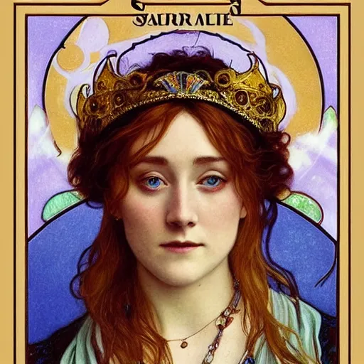 Image similar to saoirse ronan portrait by louis - theophile hingre and alphonse mucha, realistic, sharp focus, zodiac signs, tarot cards, planets, ethereal, art nouveau, magic, moon, sun, crown, dreamy, royal, jewellery