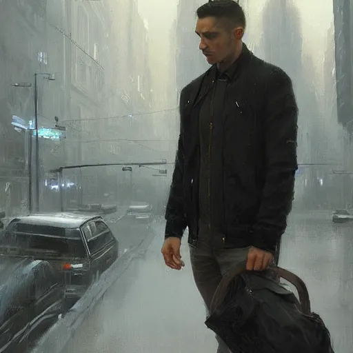 Prompt: masterpiece painting of a portrait of a clean shaven Russian man, black jacket and short Hair in a modern city, featured in artstation, concept art by Greg Rutkowski, WLOP, Dan Mumford, Christophe Vacher