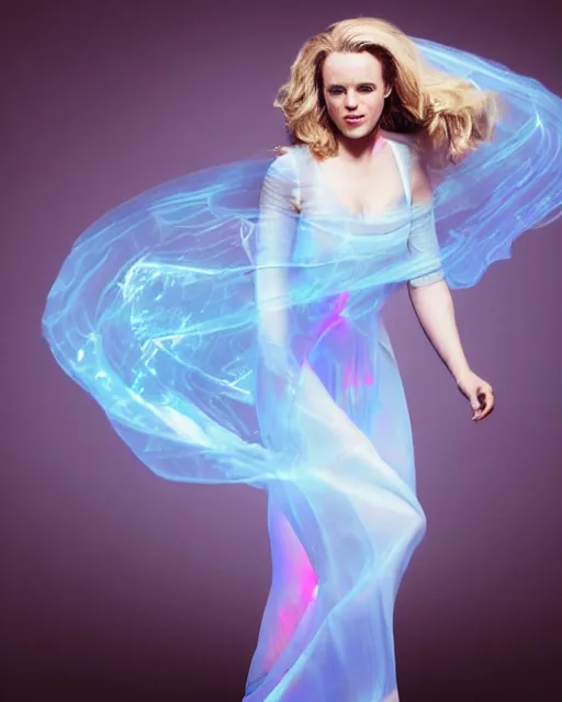 Prompt: annie leibovitz style photoshoot editorial of rachel mcadams as sue storm, the invisible woman from the fantastic four, she is wearing a beautiful iridescent shimmering, glowing jellyfish like wedding dress made from her force field powers, hyperreal, magical, translucent, iridescent, studio lighting, soft focus, bokeh, 5 0 mm