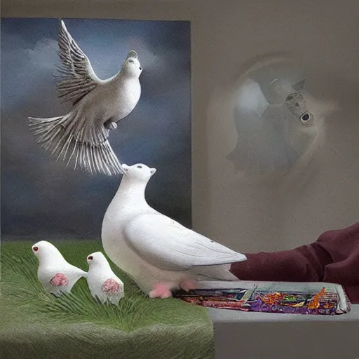 Image similar to cat playing with the dove of peace, photorealistic, detailed