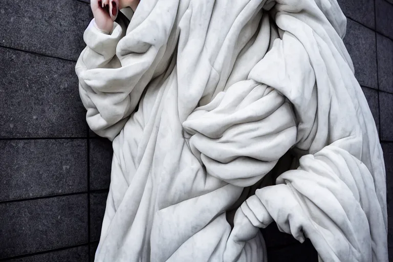 Image similar to well lit fashion shoot portrait of extremely beautiful female marble statue wearing huge over size puffer jacket by dingyun zhang, yeezy, balenciaga, vetements, a cold wall, sharp focus, clear, detailed,, cinematic, detailed, off white, glamourous, symmetrical, vogue, editorial, fashion, magazine shoot, glossy