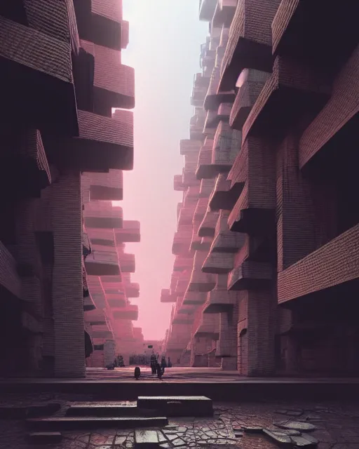 Image similar to hyperrealistic 3d render mecha iridescent pink brutalist city ruins background concept art vray santiago caruso de chirico sharp cinematic moody light 8k low angle shallow depth of field
