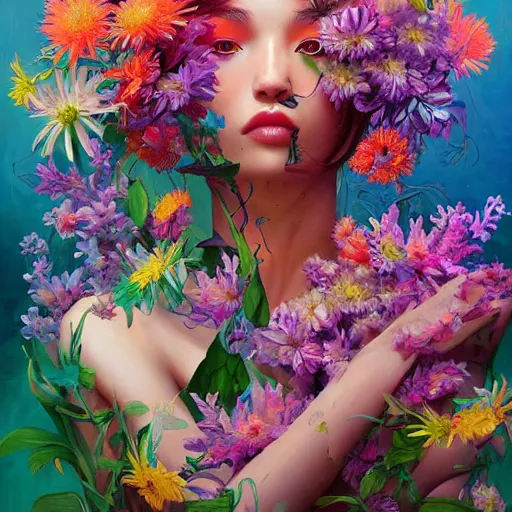 Prompt: a bouquet of surreal big colorful transparent entangled flowers, wild foliage, vivid, detailed painting, by Ross Tran, WLOP, artgerm and James Jean, masterpiece, award winning painting