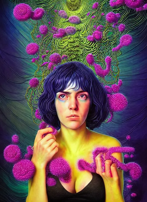 Prompt: hyper detailed 3d render like a Oil painting - Ramona Flowers with wavy black hair wearing thick mascara seen Eating of the Strangling network of colorful yellowcake and aerochrome and milky Fruit and Her staring intensely delicate Hands hold of gossamer polyp blossoms bring iridescent fungal flowers whose spores black the foolish stars by Jacek Yerka, Mariusz Lewandowski, cute silly face, Houdini algorithmic generative render, Abstract brush strokes, Masterpiece, Edward Hopper and James Gilleard, Zdzislaw Beksinski, Mark Ryden, Wolfgang Lettl, Dan Hiller, hints of Yayoi Kasuma, octane render, 8k