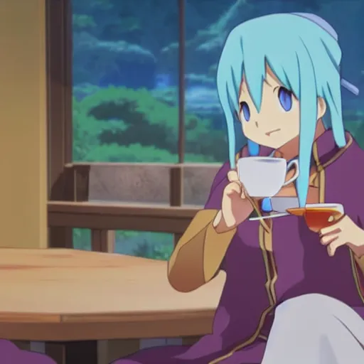 Image similar to Aqua from KonoSuba drinking tea, anime, visually stunning, 8k, intense detail, focused,