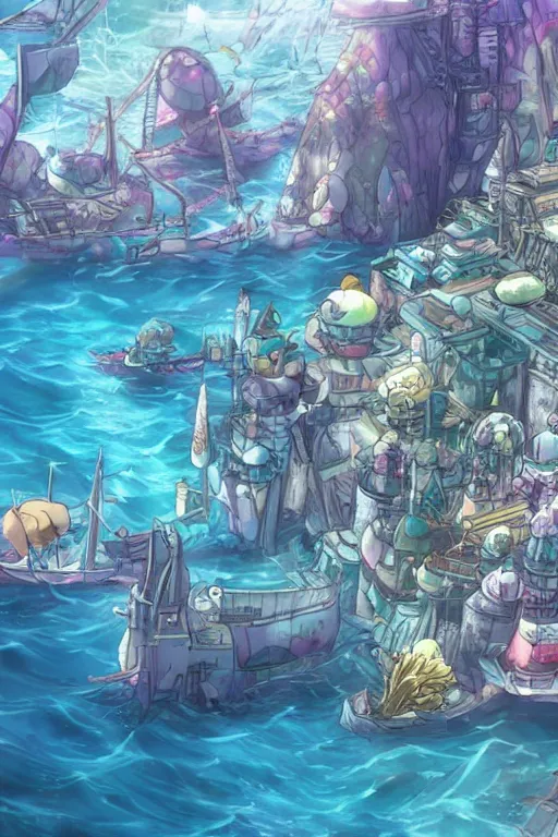 Image similar to a beautiful picture of a city under the sea ， fish shuttle, anime, detailed, 8 k