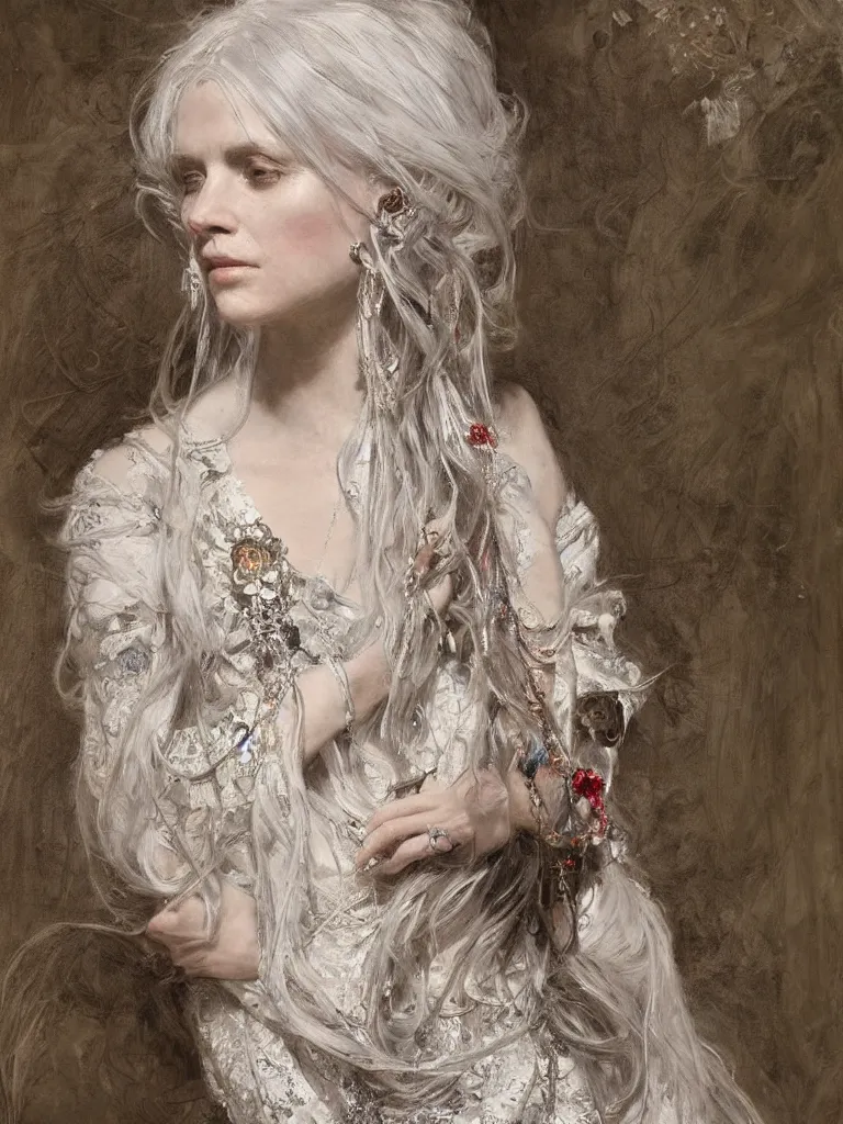 Image similar to a highly detailed beautiful white haired woman, adorned with precious stones, intricate line drawings by jeremy mann and alphonse mucha, 8 k resolution, trending on artstation, very very detailed, masterpiece, stunning,