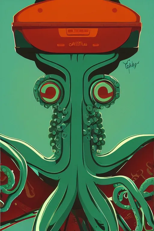 Prompt: a movie poster for the film (green robot octopus) by Tom Whalen, highly detailed, award winning creature portrait, fantasy, artstation
