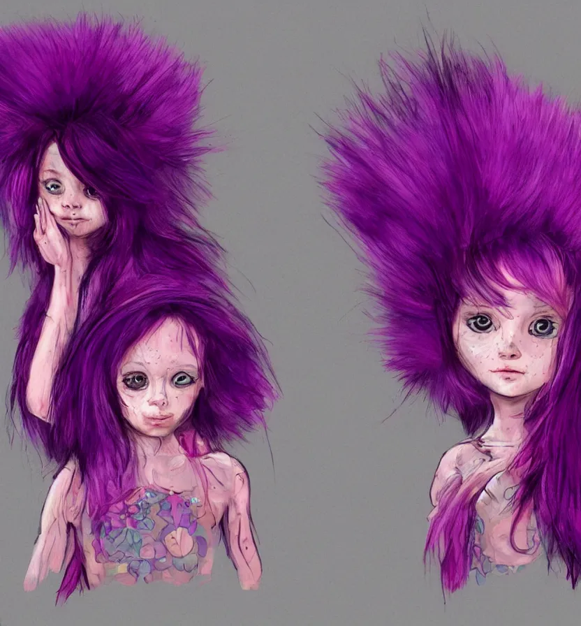 Image similar to little girl with eccentric pink hair wearing a dress made of purple fur, anatomically perfect, concept art,