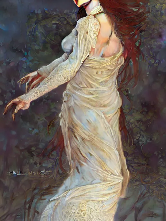 Image similar to Full body elysian Maiden of radiant light wearing ivory lace dress 4k digital illustration by Ruan Jia by Mandy Jurgens, award winning art, Artstation, art nouveau aesthetic, Alphonse Mucha background, intricate details, realistic, full view, Artstation, CGsociety