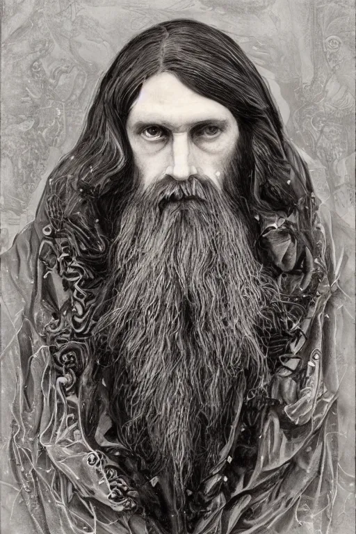 Image similar to An extremely beautiful pre-raphaelite portrait of Grigori Rasputin, Soviet Russia, surreal, ultra detailed, intricate, elegant, digital art painting, artstation, concept art, smooth, sharp focus, illustration, regal, award winning picture, extremely detailed masterpiece, sense of awe, featured on artstation, Artgerm, effervescent punk kawaii-noir pastel bubbles, winning award piece, ethereal rainbows, Aetherpunk, Exquisite details