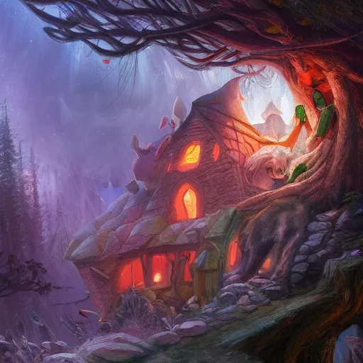 Prompt: a cartoonish big wolf is destroying a house in a mystical forest full of wonders, warm lighting, magical atmosphere, trending on artstation, 30mm, by Noah Bradley trending on ArtStation, deviantart, high detail, stylized portrait