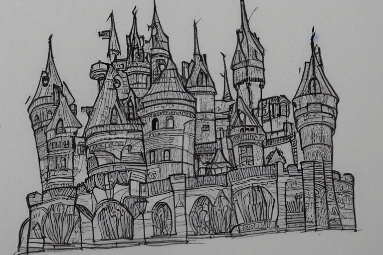 Image similar to single line sketch of elaborate intricate castle, scribble sketch, small details,