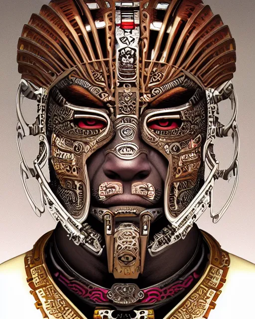 Image similar to portrait of a mayan masculine male cyberpunk jaguar warrior, machine face, upper half portrait, decorated with italian opera motifs, muscular, latin, geek mythology, wuxia, traditional mayan art, intricate intense elegant, highly detailed symmetry headpiece digital painting artstation concept art smooth sharp focus illustration, art by moebius and frank miller diego rivera 8 k