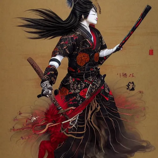Image similar to an epic portrait of insane kabuki wielding a spear, magical aura of insanity, intricate hakama, poofy red wig, eerie, highly detailed, dark fantasy, art by artgerm and greg rutkowski