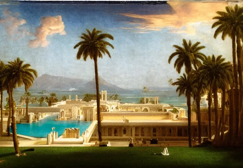 Image similar to The biggest palace ever made, thunderstorm, greek pool, beach and palm trees on the background major arcana sky, by paul delaroche, hyperrealistic 8k, very detailed