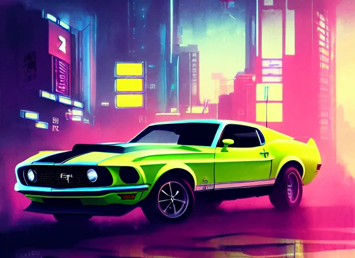 Image similar to portrait of 1 9 7 1 ford mustang mach 1, cyberpunk city landscape, illustration concept art anime key visual trending pixiv fanbox by wlop and greg rutkowski and makoto shinkai and studio ghibli and kyoto animation, neon lights, odst, grimdark, volumetric lighting