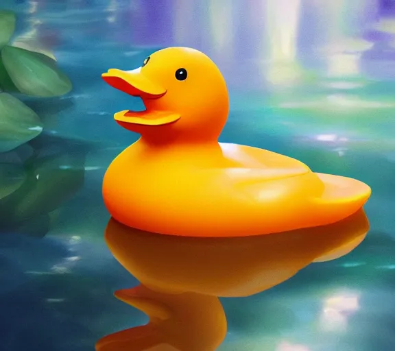 Image similar to gemstone in the shape of a rubber duck floating in a pool of perfume, mystical, enigmatic, digital oil painting, trending on artstation