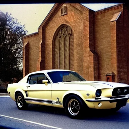 Prompt: Ford Mustang in front of a church in the 70\'s.