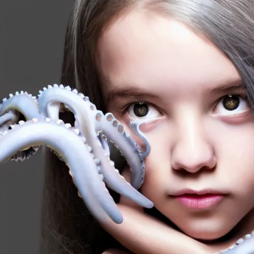 Image similar to A girl with a gray octopus for hair, very young and beautiful face, silver eyes, HD, hyper realistic