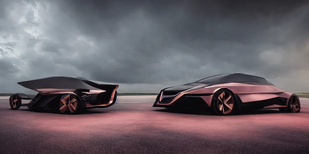 Image similar to a design of a futuristic vehicle, designed by Polestar, night thunderstorm lightning background, brushed rose gold car paint, black windows, dark show room, dramatic lighting, hyper realistic render, depth of field