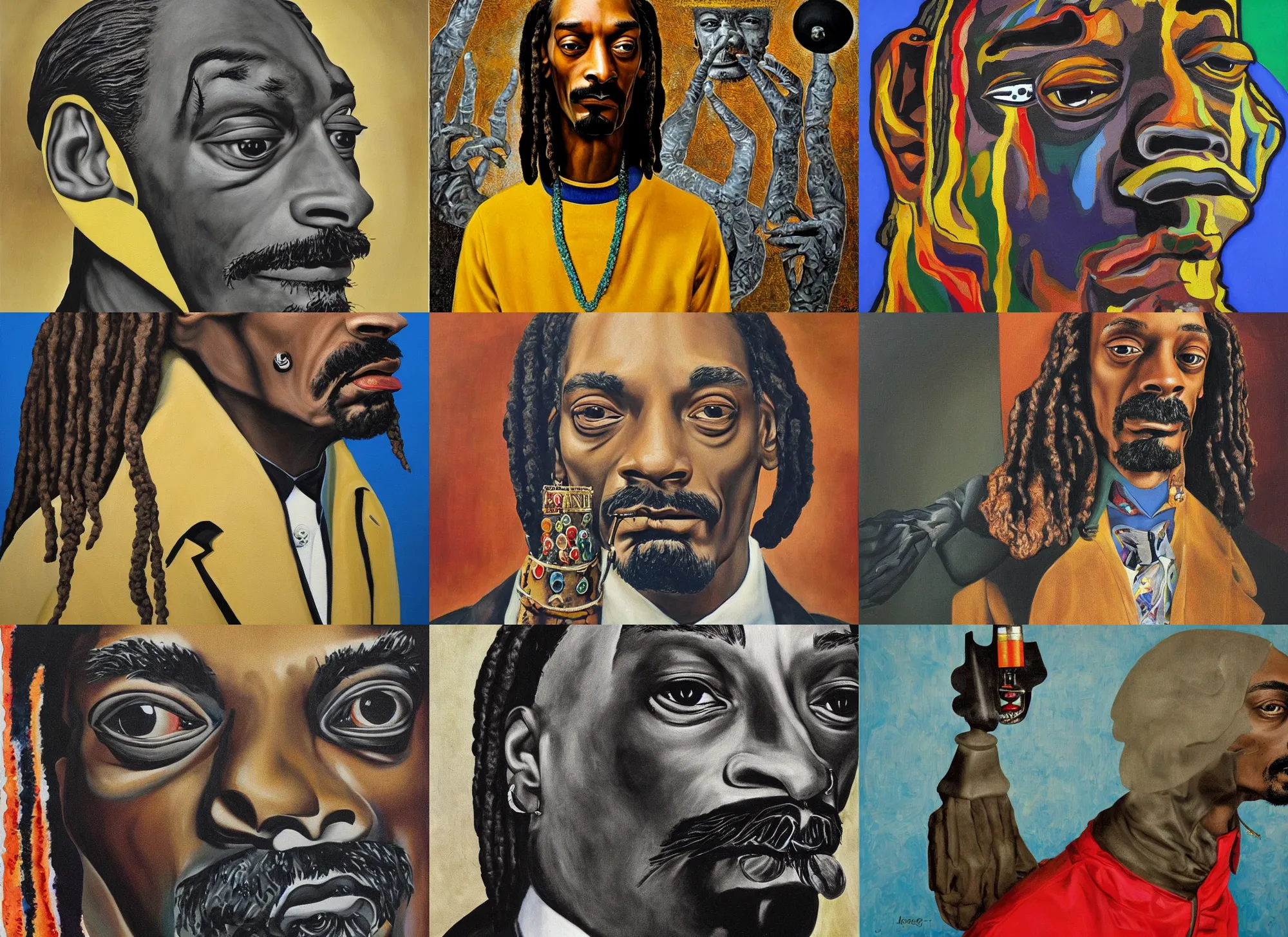 Prompt: a full portrait of snoop dogg, painting by max ernst