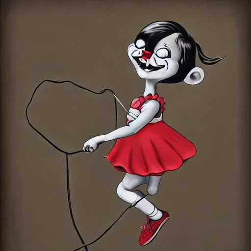 Image similar to grunge cartoon painting of a little girl playing with a jump rope with a wide smile and a red balloon by chris leib, loony toons style, pennywise style, horror theme, detailed, elegant, intricate