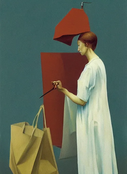 Prompt: woman with a paper bag over the head and a sward melted with social media phone Edward Hopper and James Gilleard, Zdzislaw Beksinski, Steven Outram highly detailed