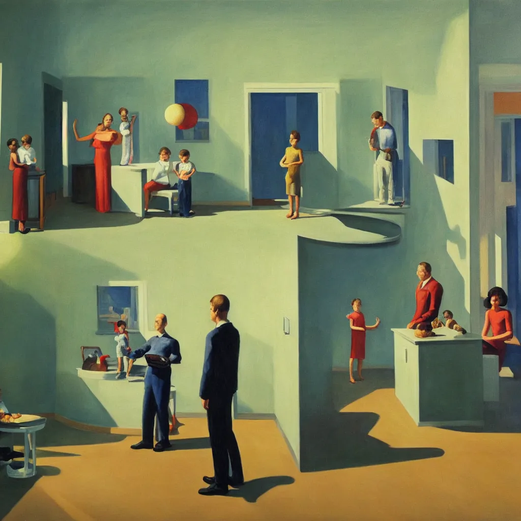 Image similar to painting of a family building getting lectured by a very large alien in their suburban living room, energetic orbs in the air, in the style of edward hopper